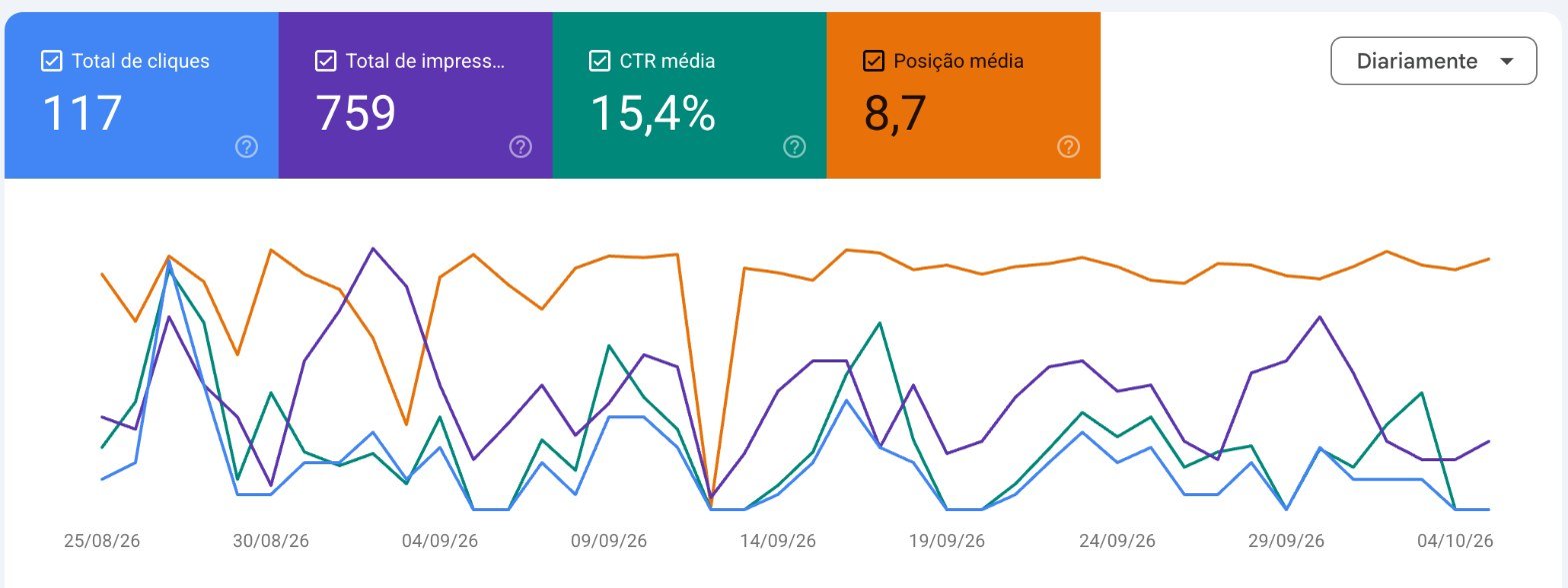 Google Search Console: cliques, impressões, CTR e posição média do site da RMB